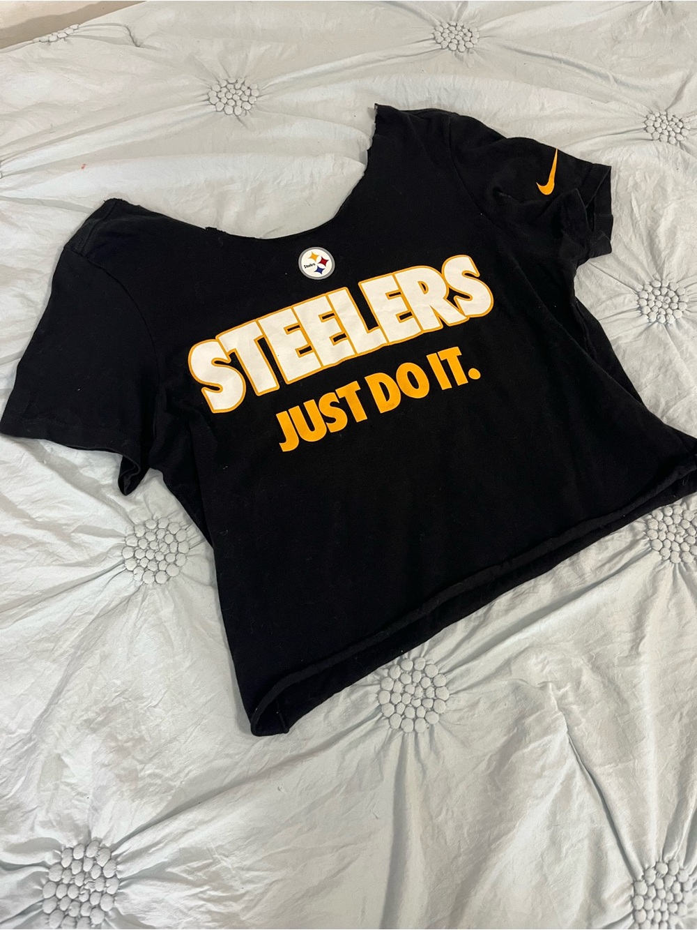 Nike Black Crop Off Shoulder Tee with Yellow Steelers Logo